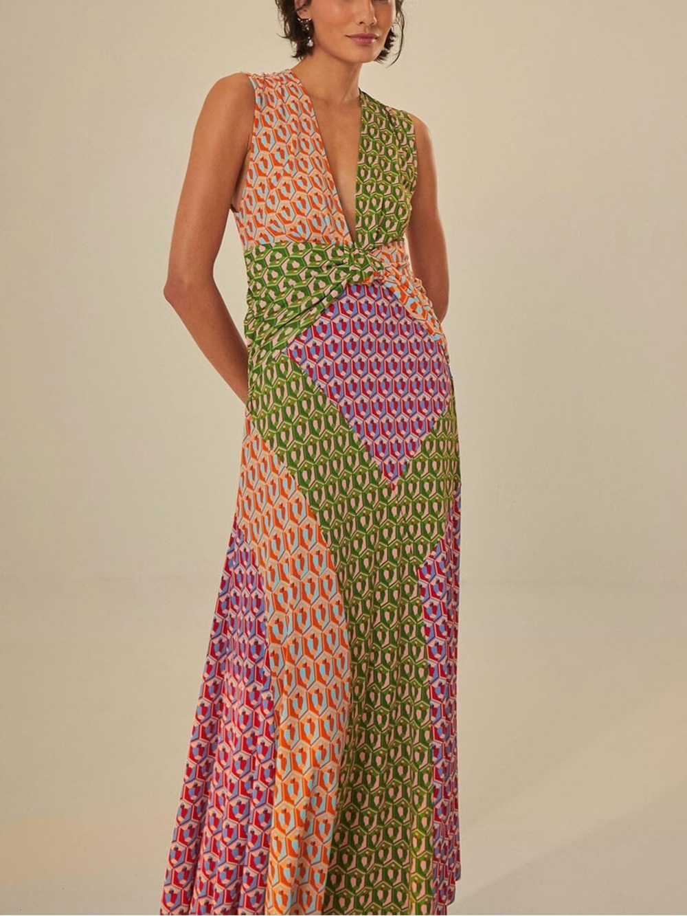 Farm Rio Cashew Knot Maxi Dress Multicolor Twist Front Plunge V Neck XL